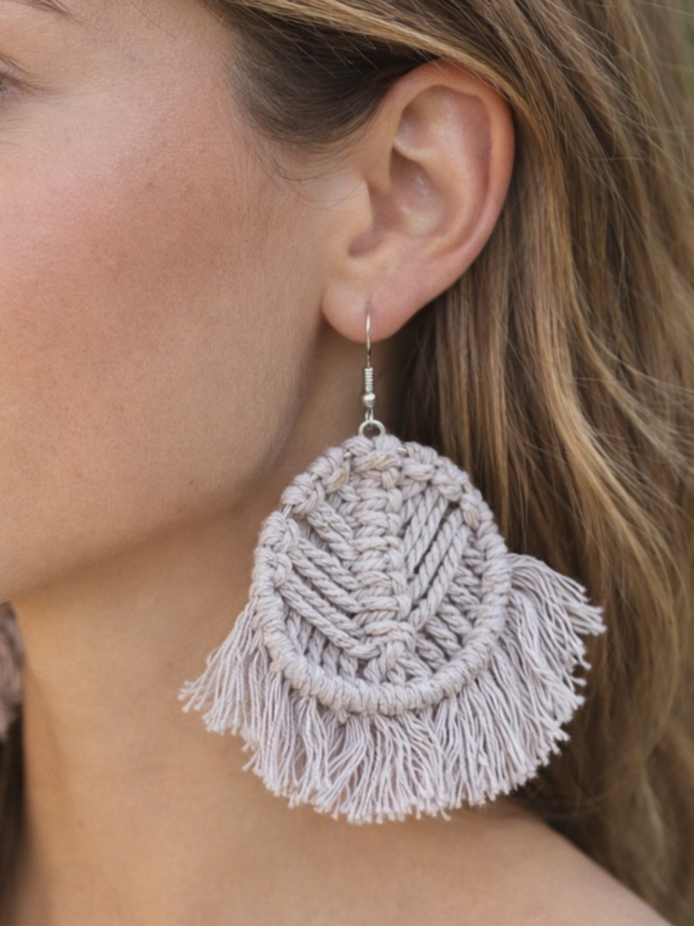 Paparazzi Taupe Macramé Fringe Earrings. Gray | Textured | Natural | Classic